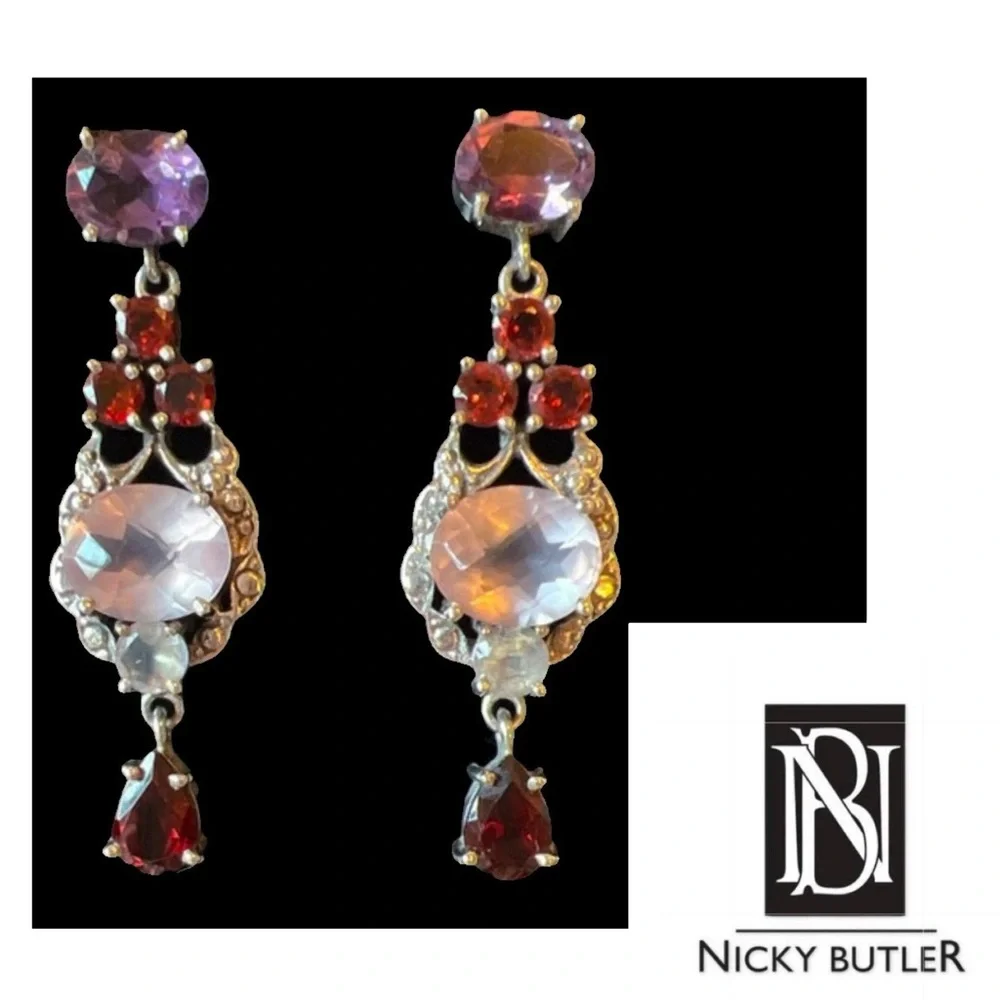 🌟NICKY BUTLER 925 Sterling Silver Rose Quartz Garnet Moonstone Drop Earr… - Picture 7 of 11